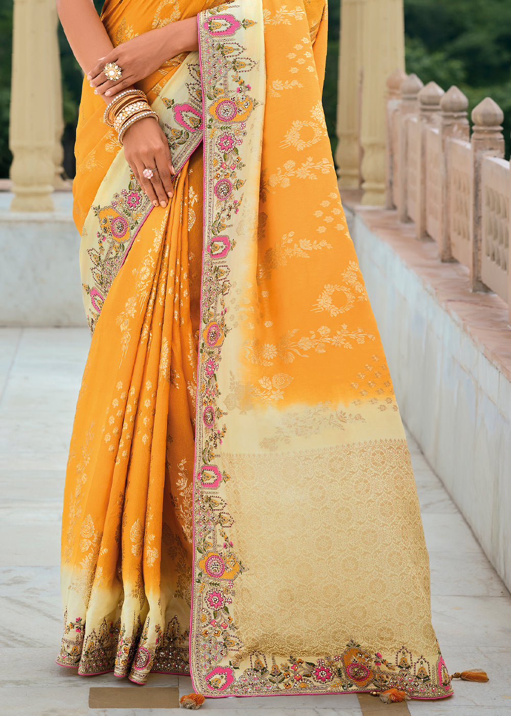 Orange & Pink Viscose Silk Saree with Intricate Cutwork & Embroidery