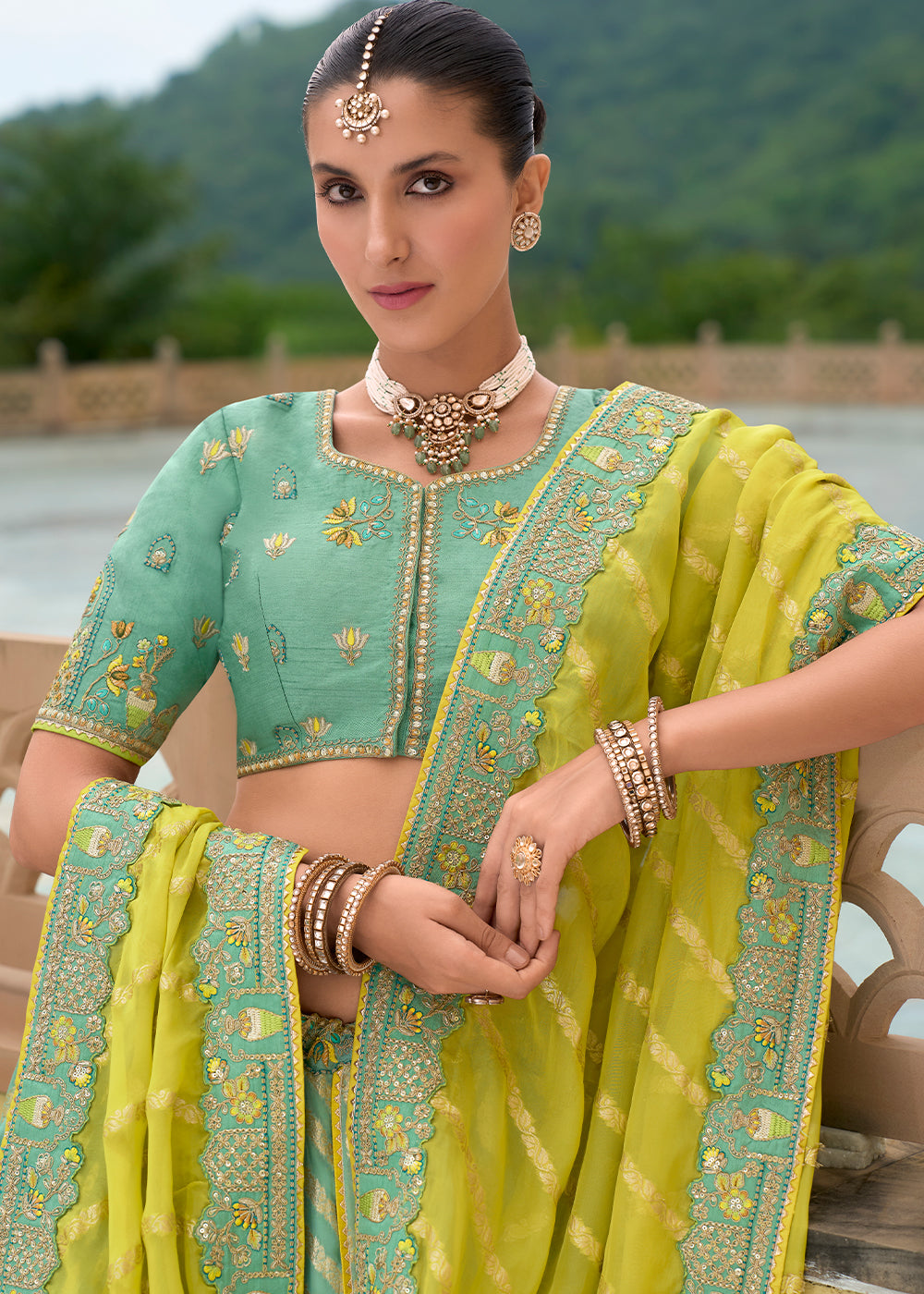 Tea Green Banarasi Silk Lehenga with Heavy Khatli & Embroidery Work