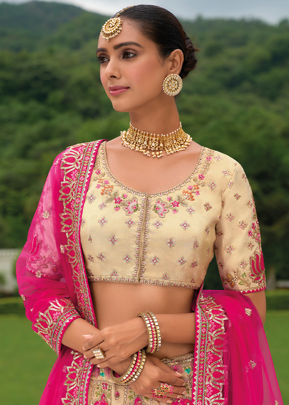 Cream White & Pink Banarasi Silk Lehenga with Heavy Khatli & Embroidery Work