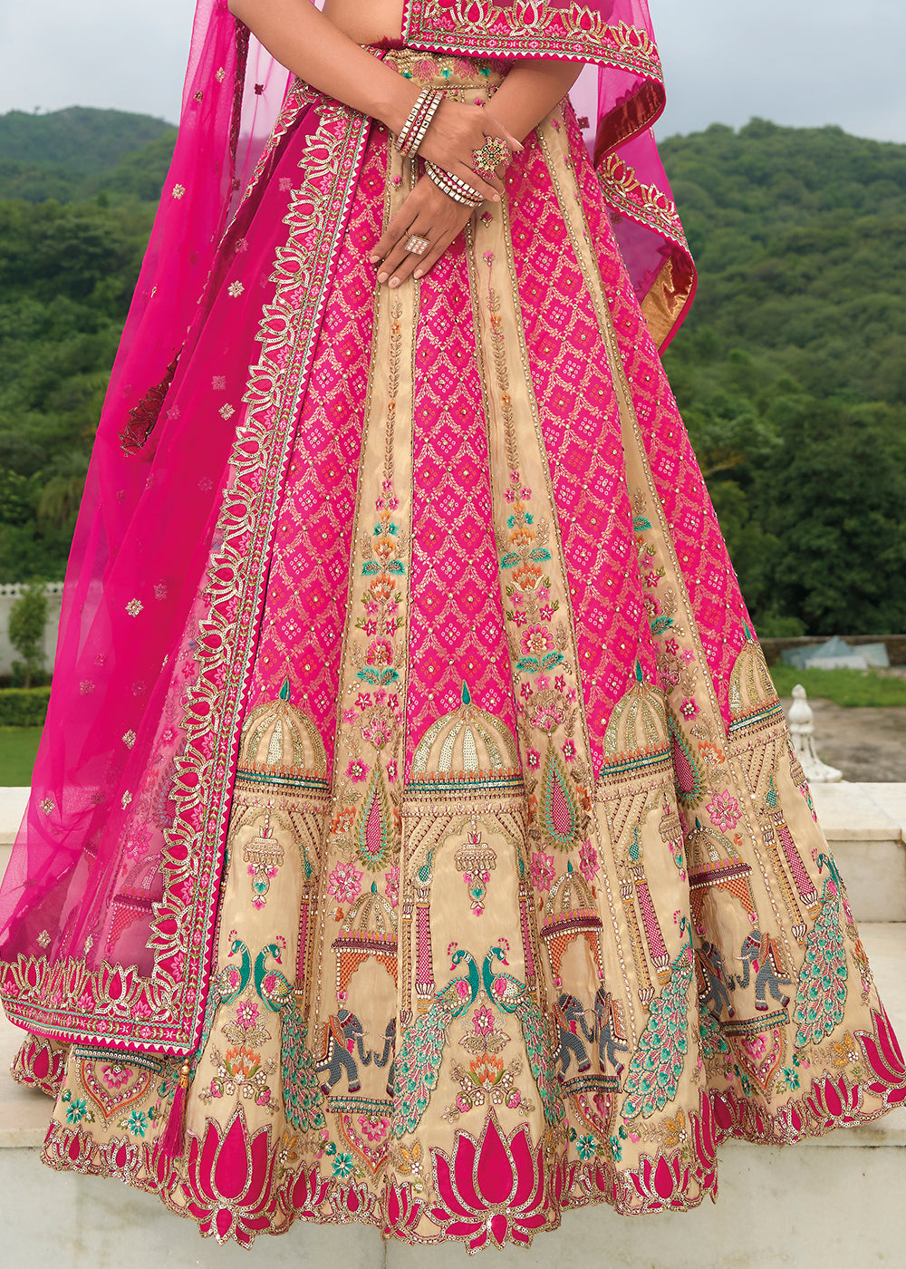 Cream White & Pink Banarasi Silk Lehenga with Heavy Khatli & Embroidery Work