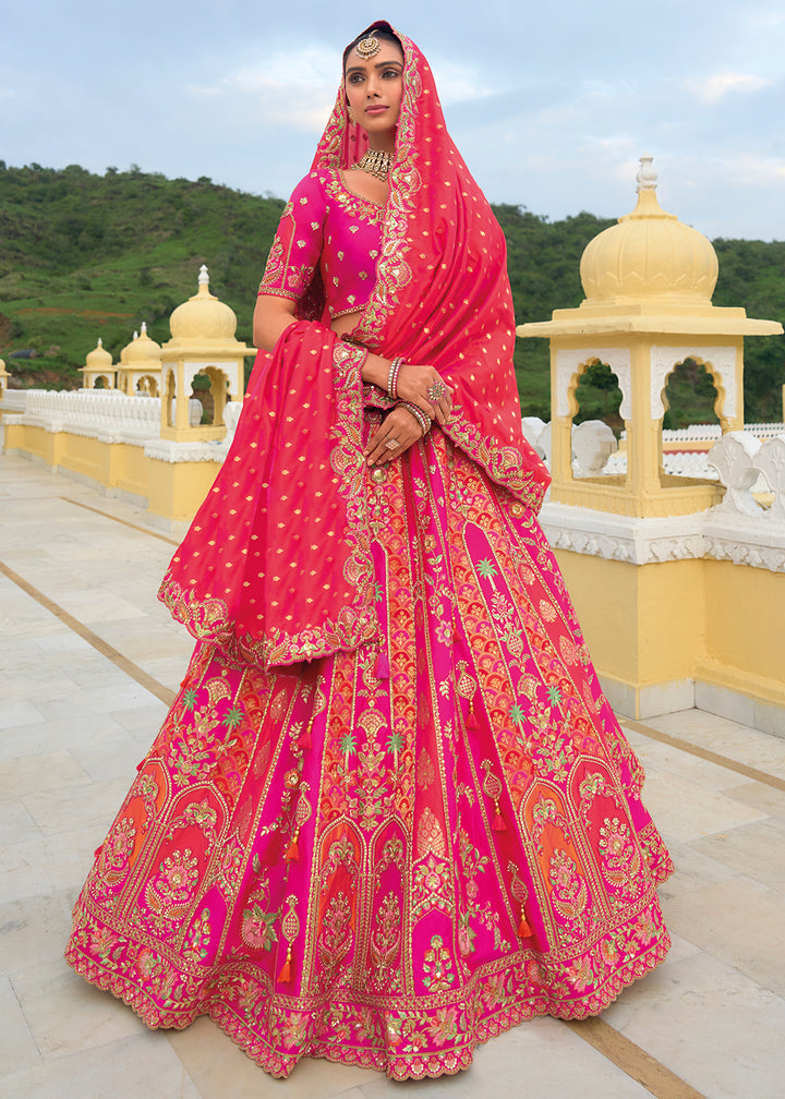 Hot Pink Banarasi Silk Lehenga with Heavy Khatli & Embroidery Work