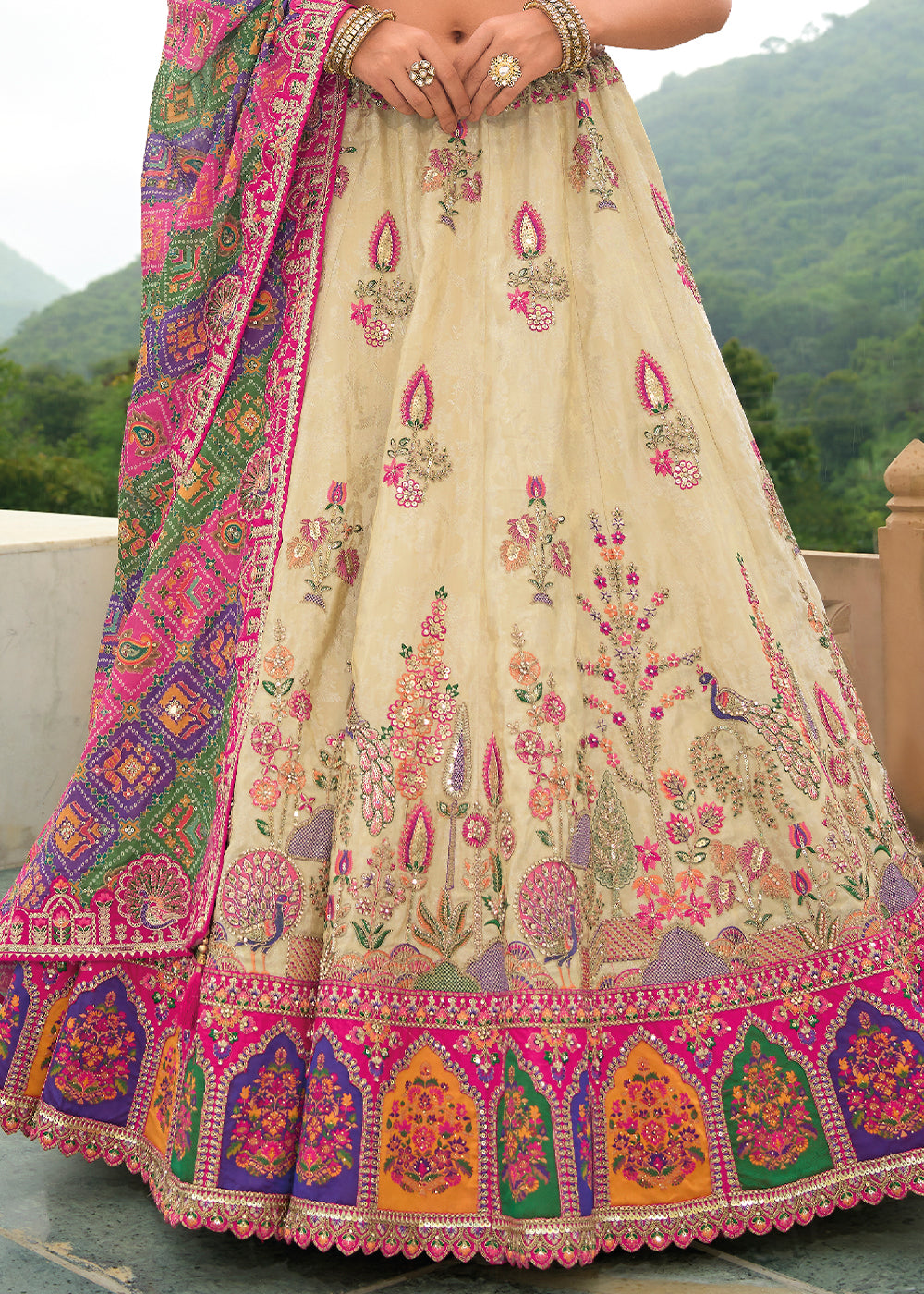 White & Pink Banarasi Silk Lehenga with Heavy Khatli & Embroidery Work