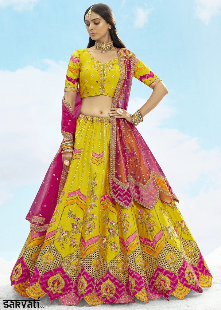 Cadmium Yellow Banarasi Silk Lehenga Choli with Intricate Embroidery and Cut Work
