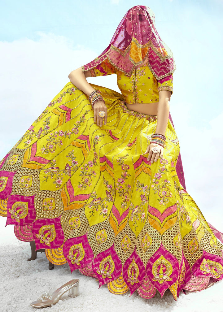 Cadmium Yellow Banarasi Silk Lehenga Choli with Intricate Embroidery and Cut Work