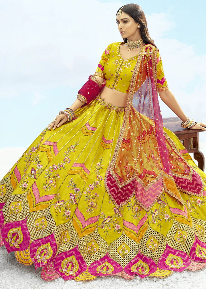 Cadmium Yellow Banarasi Silk Lehenga Choli with Intricate Embroidery and Cut Work