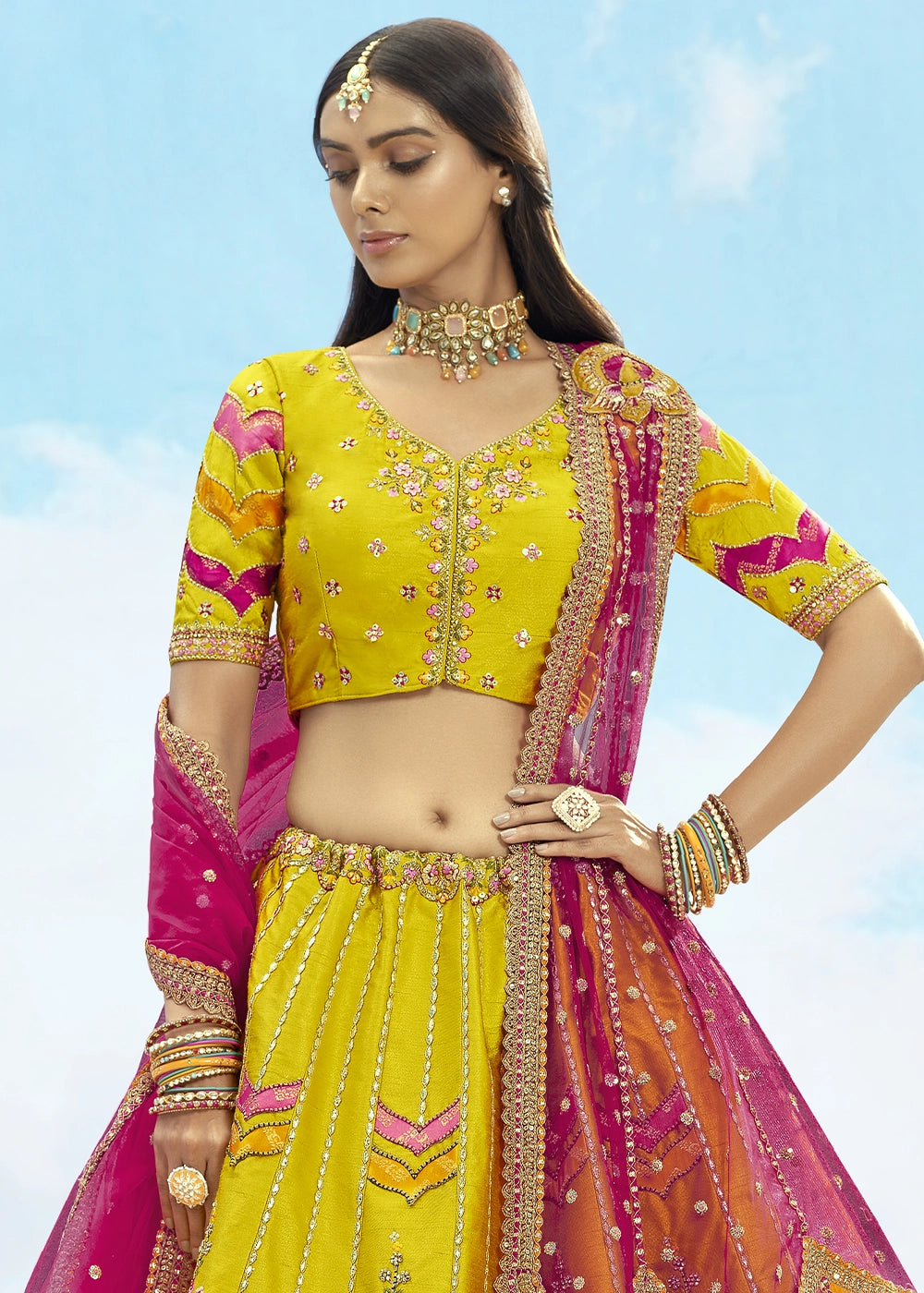 Cadmium Yellow Banarasi Silk Lehenga Choli with Intricate Embroidery and Cut Work