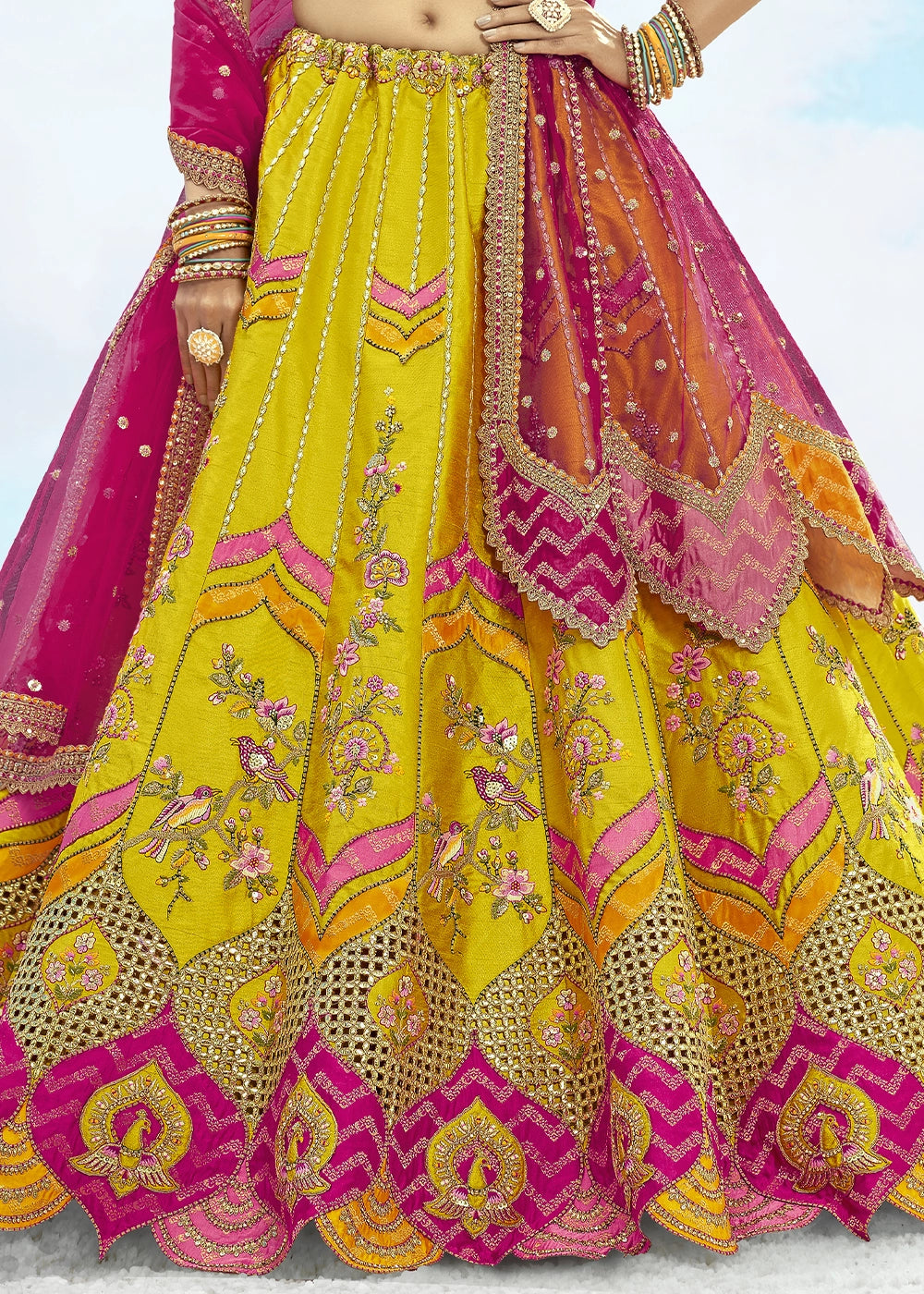 Cadmium Yellow Banarasi Silk Lehenga Choli with Intricate Embroidery and Cut Work