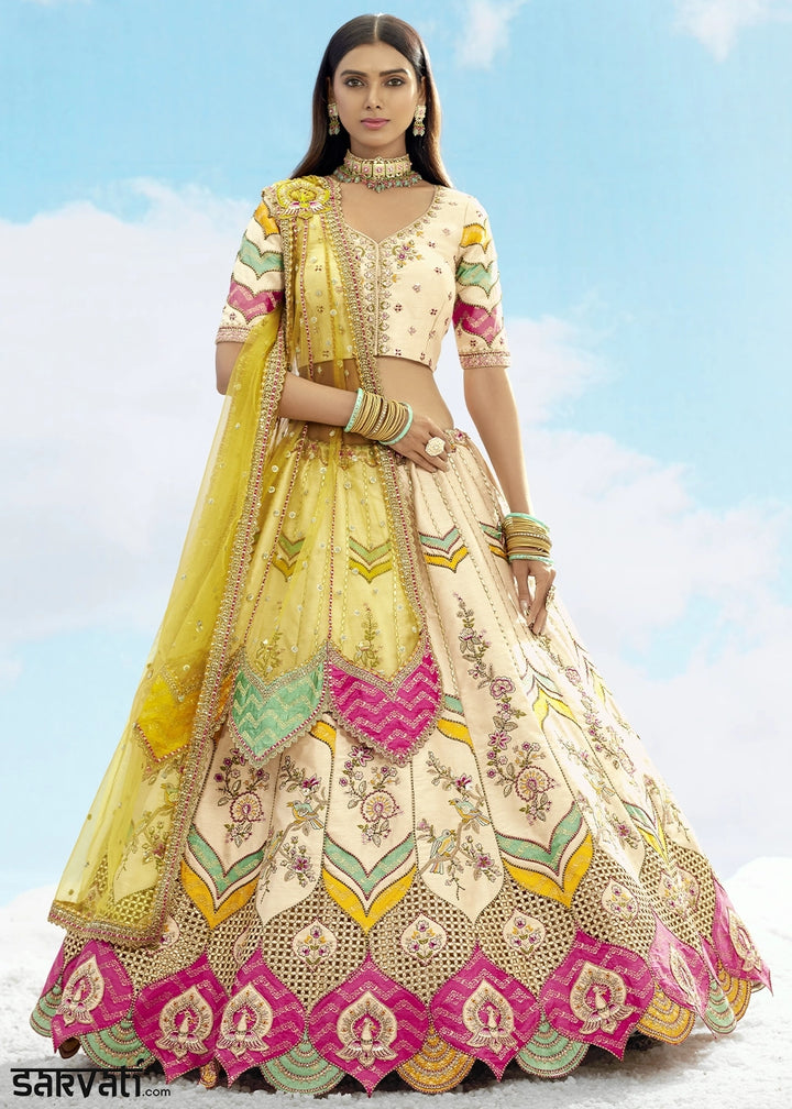 Cream White Banarasi Silk Lehenga Choli with Intricate Embroidery and Cut Work