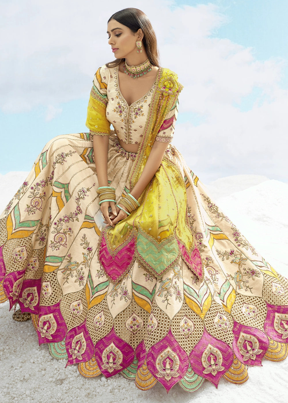 Cream White Banarasi Silk Lehenga Choli with Intricate Embroidery and Cut Work