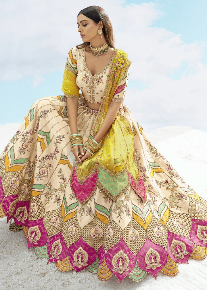 Cream White Banarasi Silk Lehenga Choli with Intricate Embroidery and Cut Work