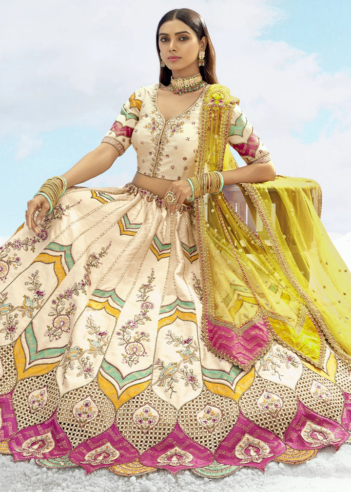 Cream White Banarasi Silk Lehenga Choli with Intricate Embroidery and Cut Work