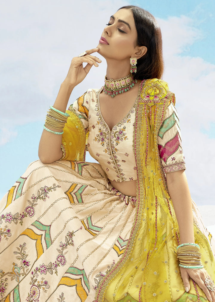 Cream White Banarasi Silk Lehenga Choli with Intricate Embroidery and Cut Work