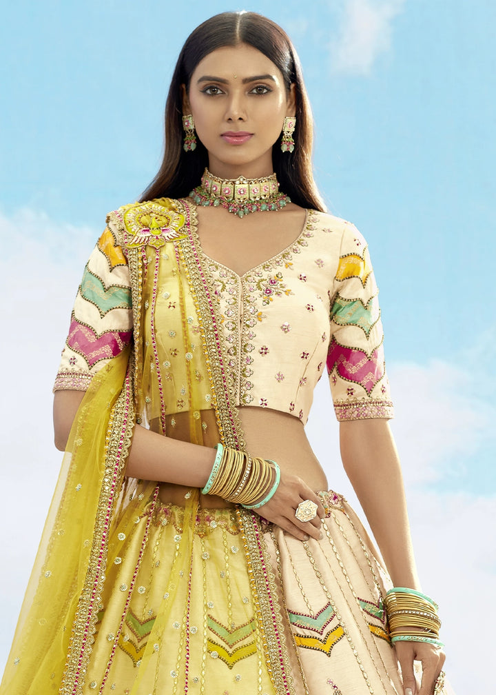 Cream White Banarasi Silk Lehenga Choli with Intricate Embroidery and Cut Work