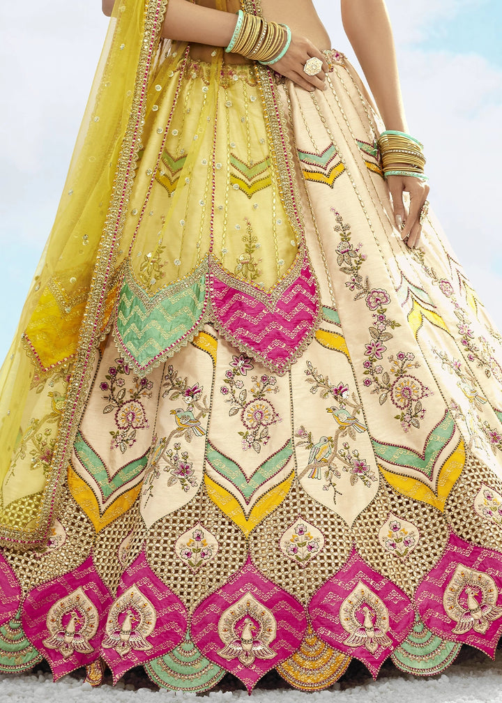 Cream White Banarasi Silk Lehenga Choli with Intricate Embroidery and Cut Work