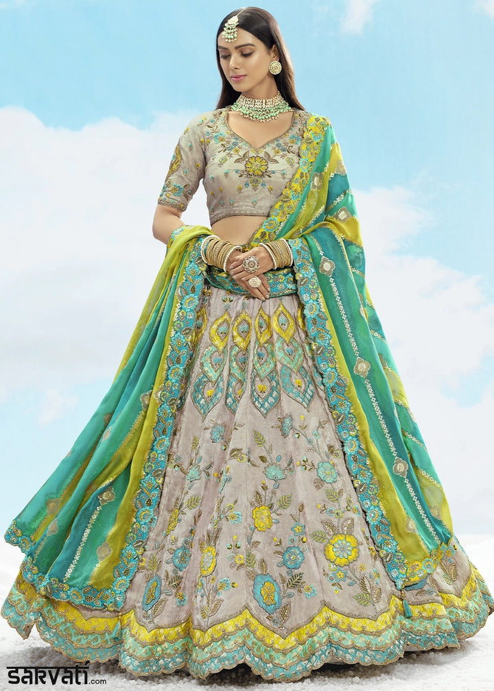 Trout Grey Banarasi Silk Lehenga Choli with Intricate Embroidery and Cut Work