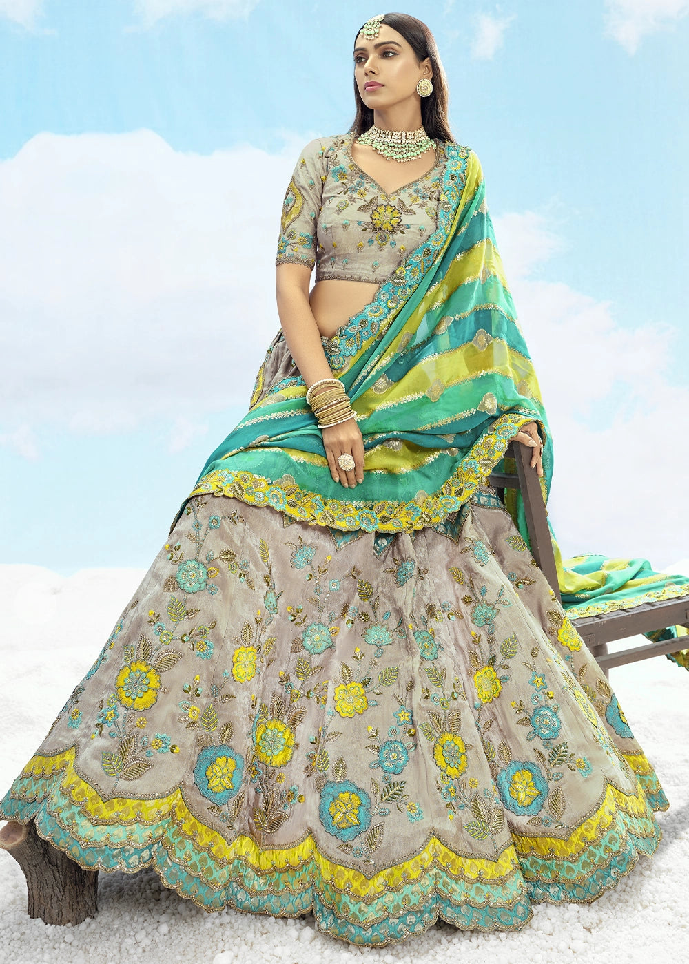 Trout Grey Banarasi Silk Lehenga Choli with Intricate Embroidery and Cut Work