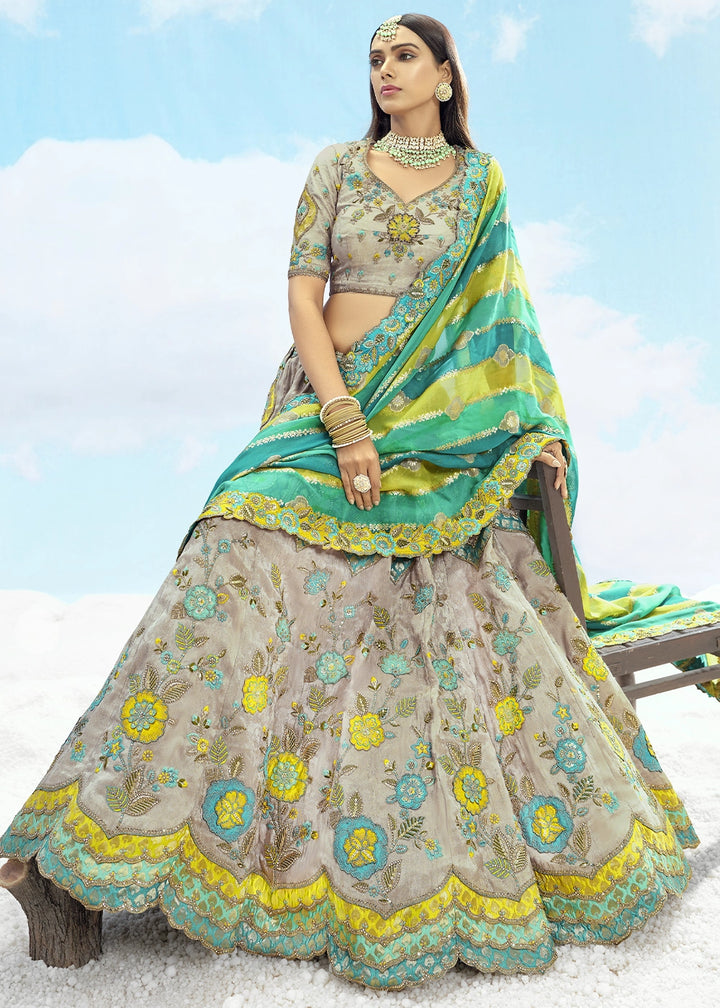 Trout Grey Banarasi Silk Lehenga Choli with Intricate Embroidery and Cut Work