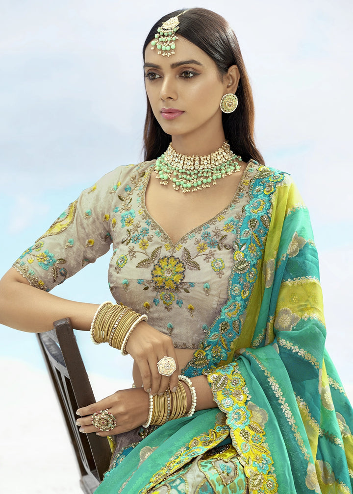 Trout Grey Banarasi Silk Lehenga Choli with Intricate Embroidery and Cut Work