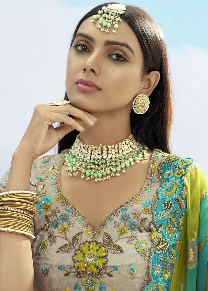 Trout Grey Banarasi Silk Lehenga Choli with Intricate Embroidery and Cut Work