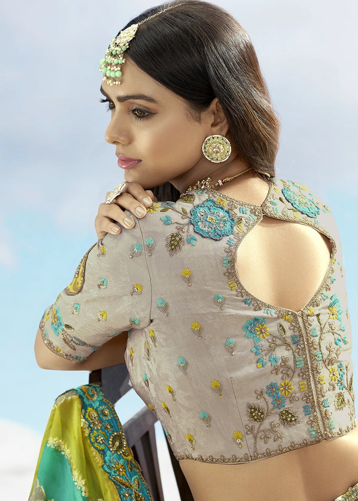 Trout Grey Banarasi Silk Lehenga Choli with Intricate Embroidery and Cut Work