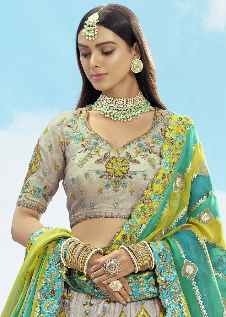 Trout Grey Banarasi Silk Lehenga Choli with Intricate Embroidery and Cut Work