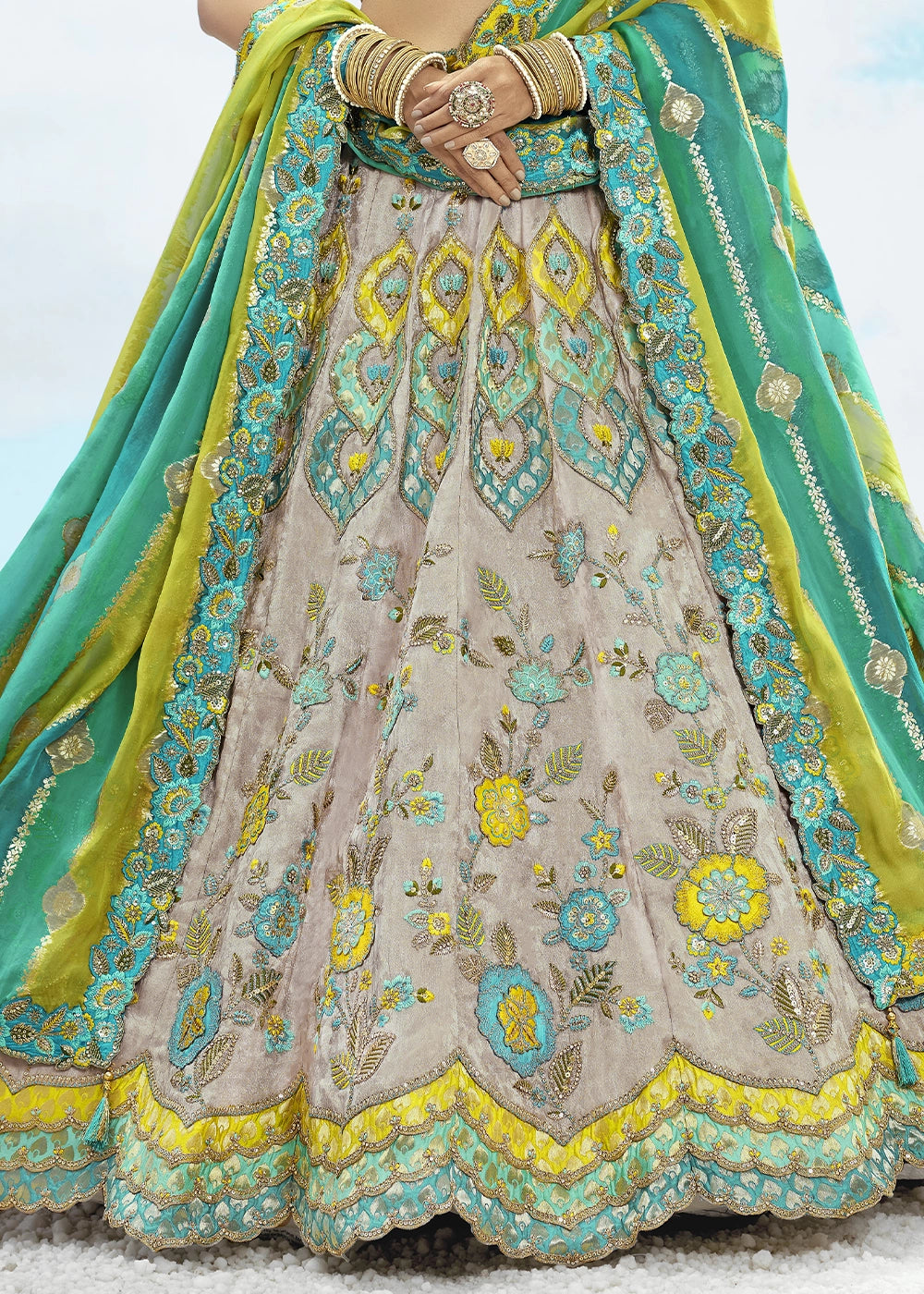 Trout Grey Banarasi Silk Lehenga Choli with Intricate Embroidery and Cut Work