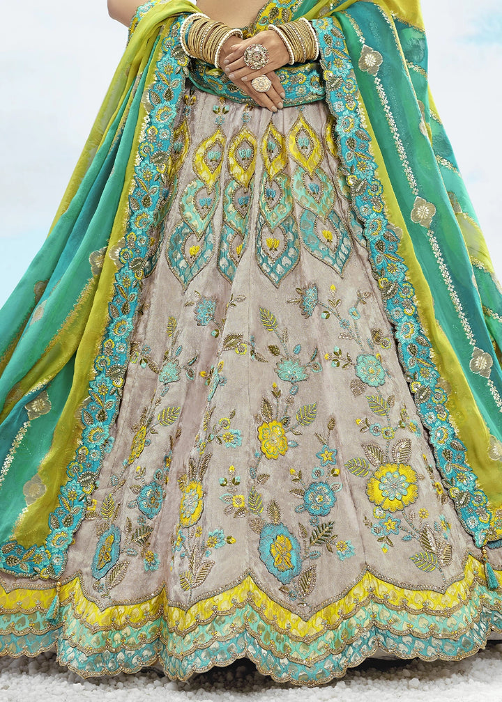 Trout Grey Banarasi Silk Lehenga Choli with Intricate Embroidery and Cut Work
