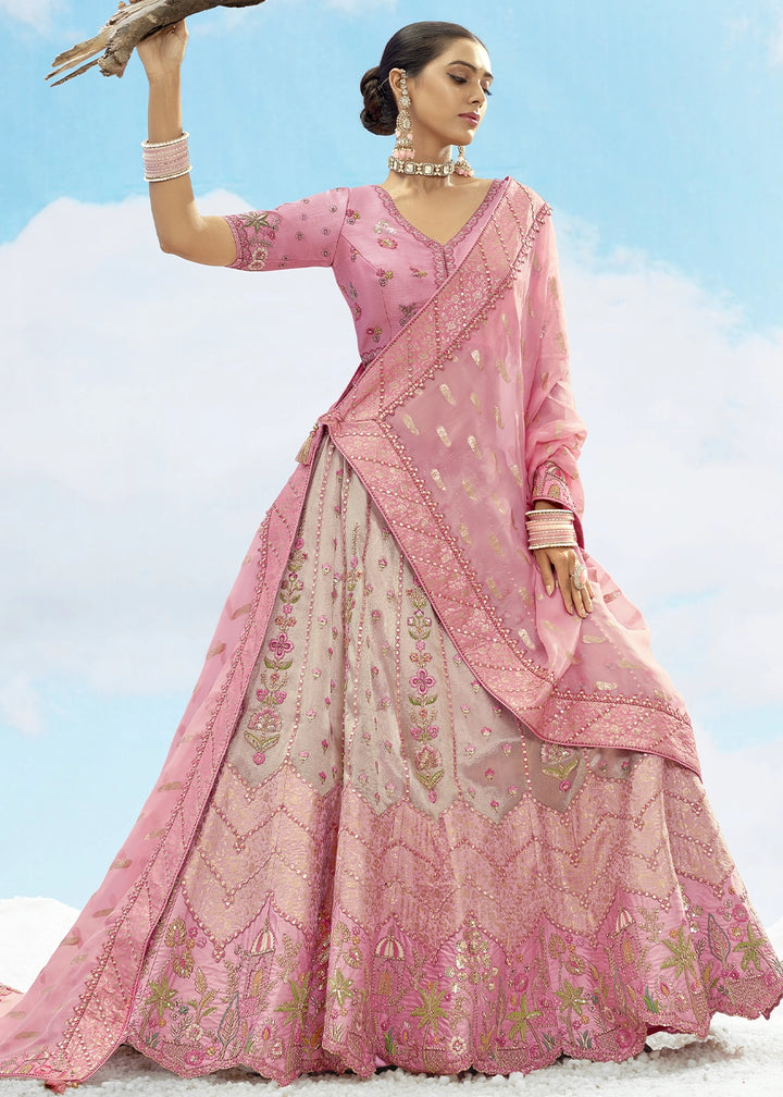 Rose Pink Banarasi Silk Lehenga Choli with Intricate Embroidery and Cut Work