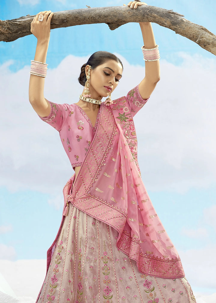 Rose Pink Banarasi Silk Lehenga Choli with Intricate Embroidery and Cut Work