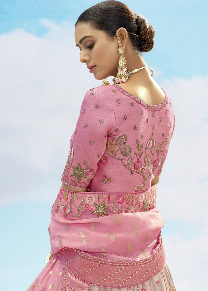 Rose Pink Banarasi Silk Lehenga Choli with Intricate Embroidery and Cut Work