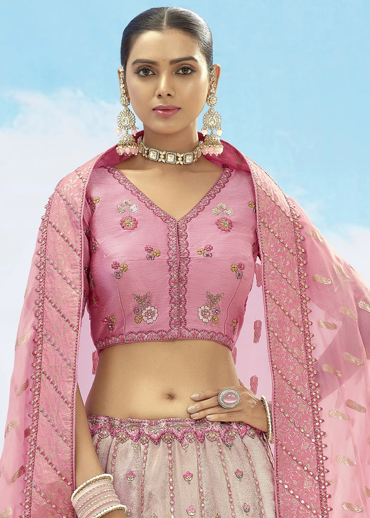 Rose Pink Banarasi Silk Lehenga Choli with Intricate Embroidery and Cut Work