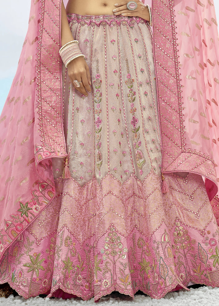 Rose Pink Banarasi Silk Lehenga Choli with Intricate Embroidery and Cut Work