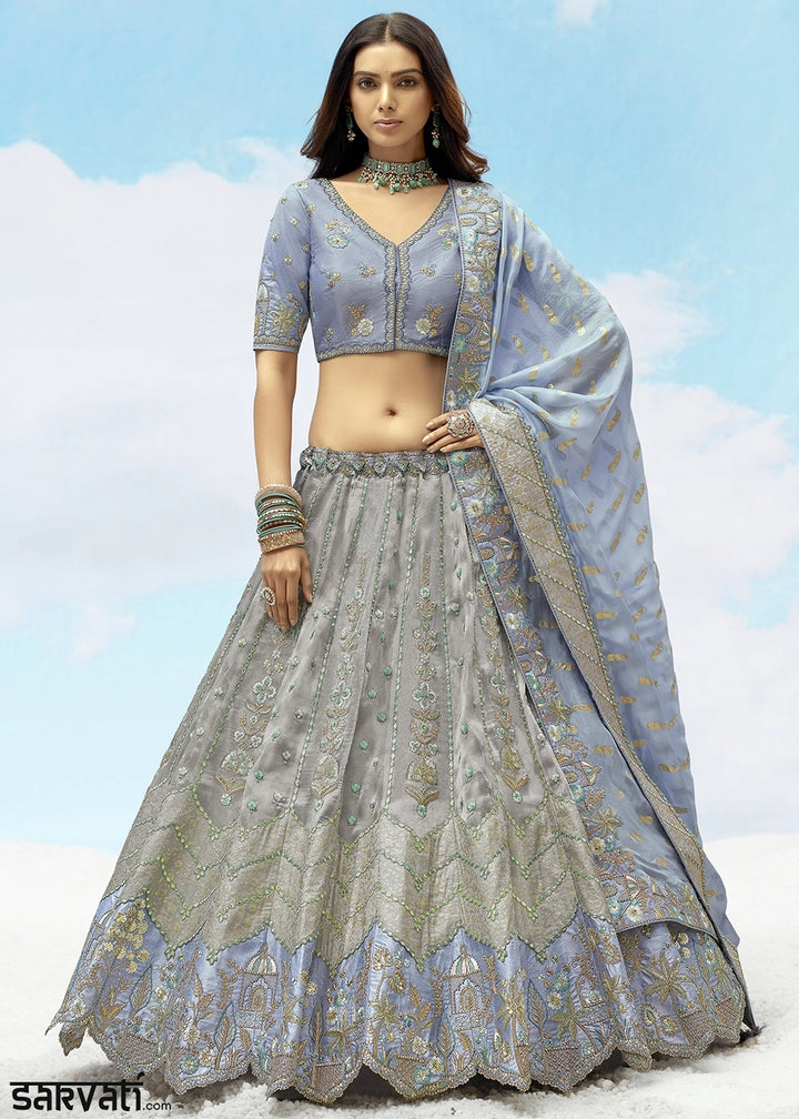 Grey & Blue Banarasi Silk Lehenga Choli with Intricate Embroidery and Cut Work