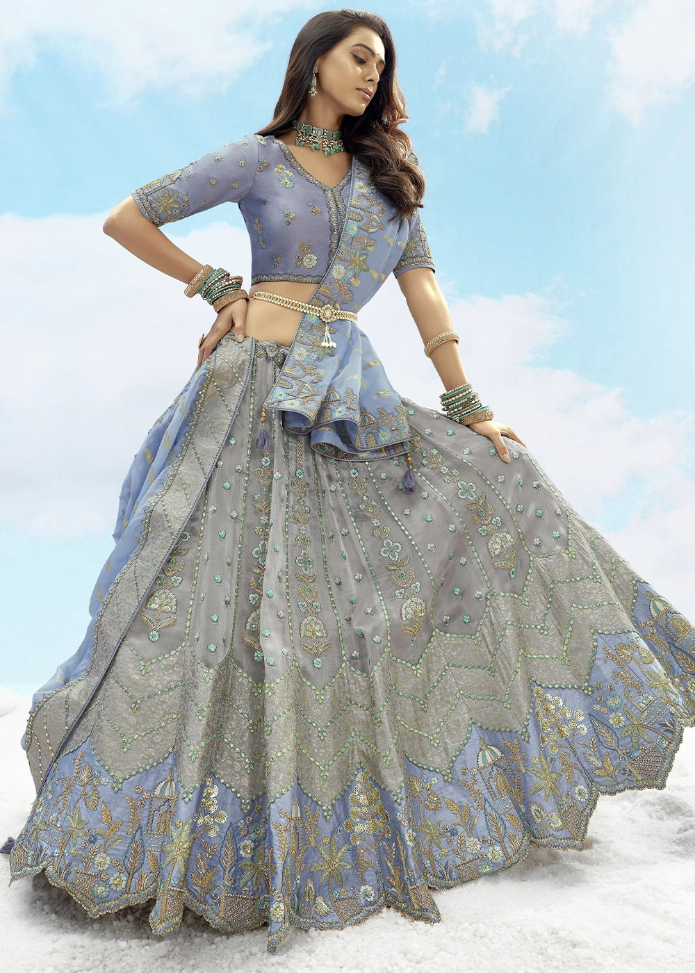 Grey & Blue Banarasi Silk Lehenga Choli with Intricate Embroidery and Cut Work