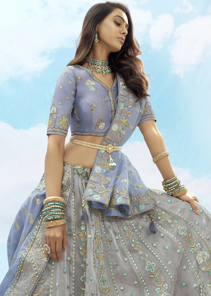 Grey & Blue Banarasi Silk Lehenga Choli with Intricate Embroidery and Cut Work