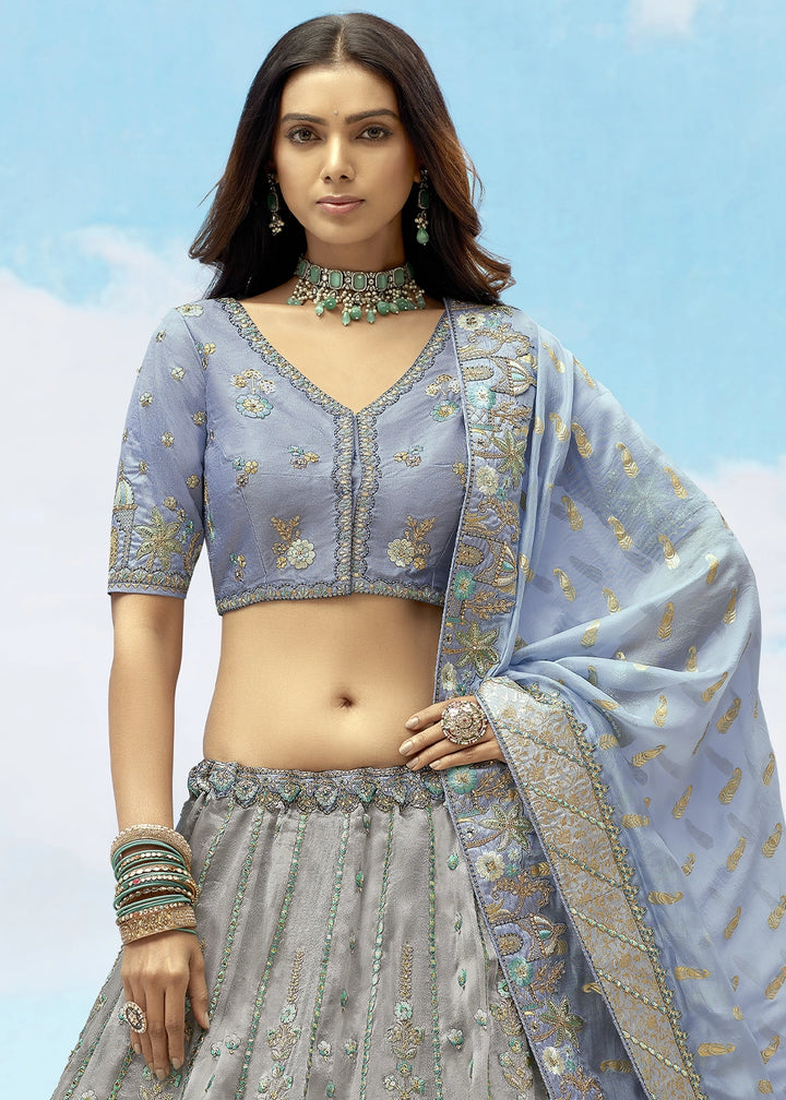 Grey & Blue Banarasi Silk Lehenga Choli with Intricate Embroidery and Cut Work