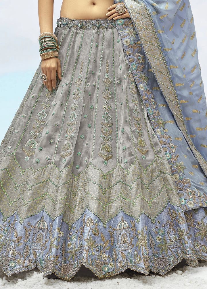 Grey & Blue Banarasi Silk Lehenga Choli with Intricate Embroidery and Cut Work