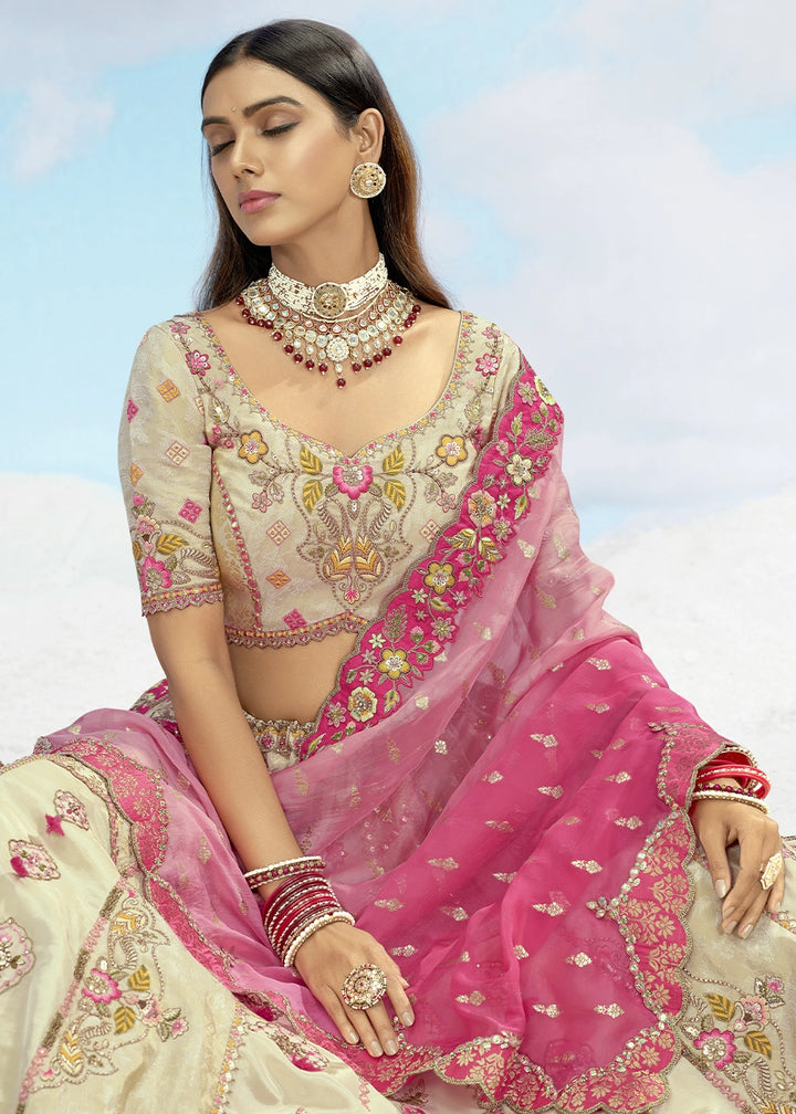 Parchment White Banarasi Silk Lehenga Choli with Intricate Embroidery and Cut Work