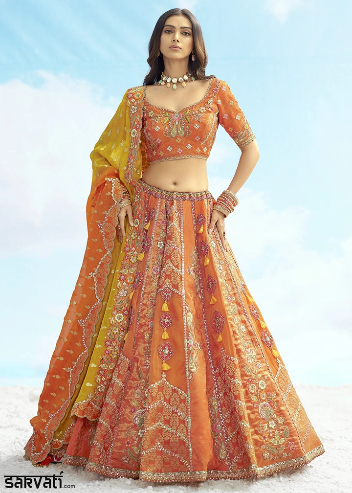 Fire Orange Banarasi Silk Lehenga Choli with Intricate Embroidery and Cut Work