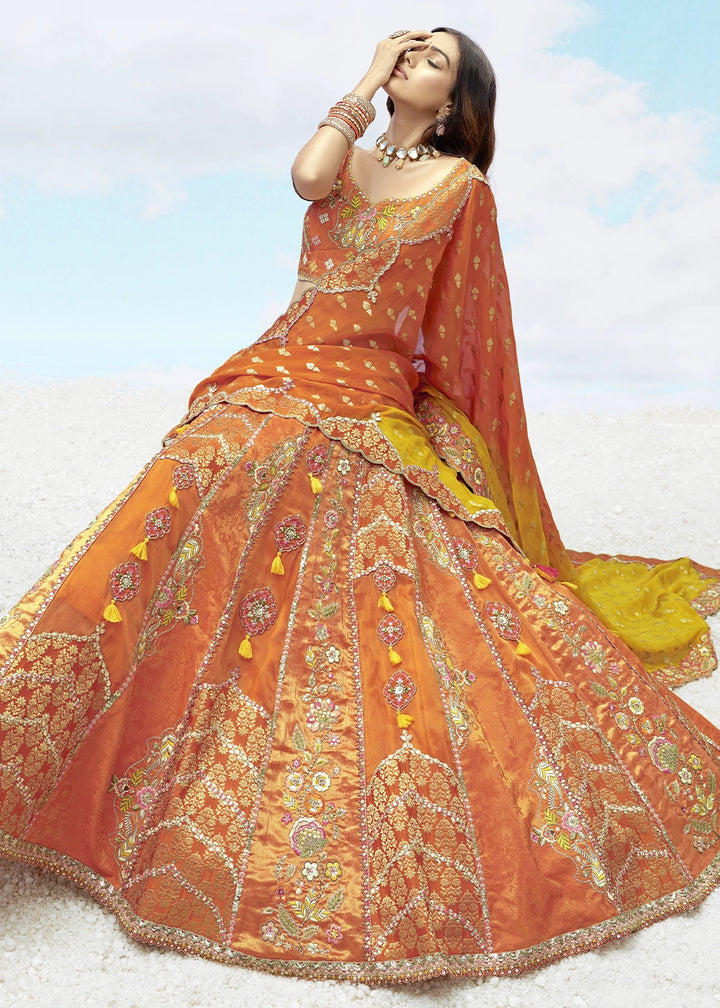 Fire Orange Banarasi Silk Lehenga Choli with Intricate Embroidery and Cut Work