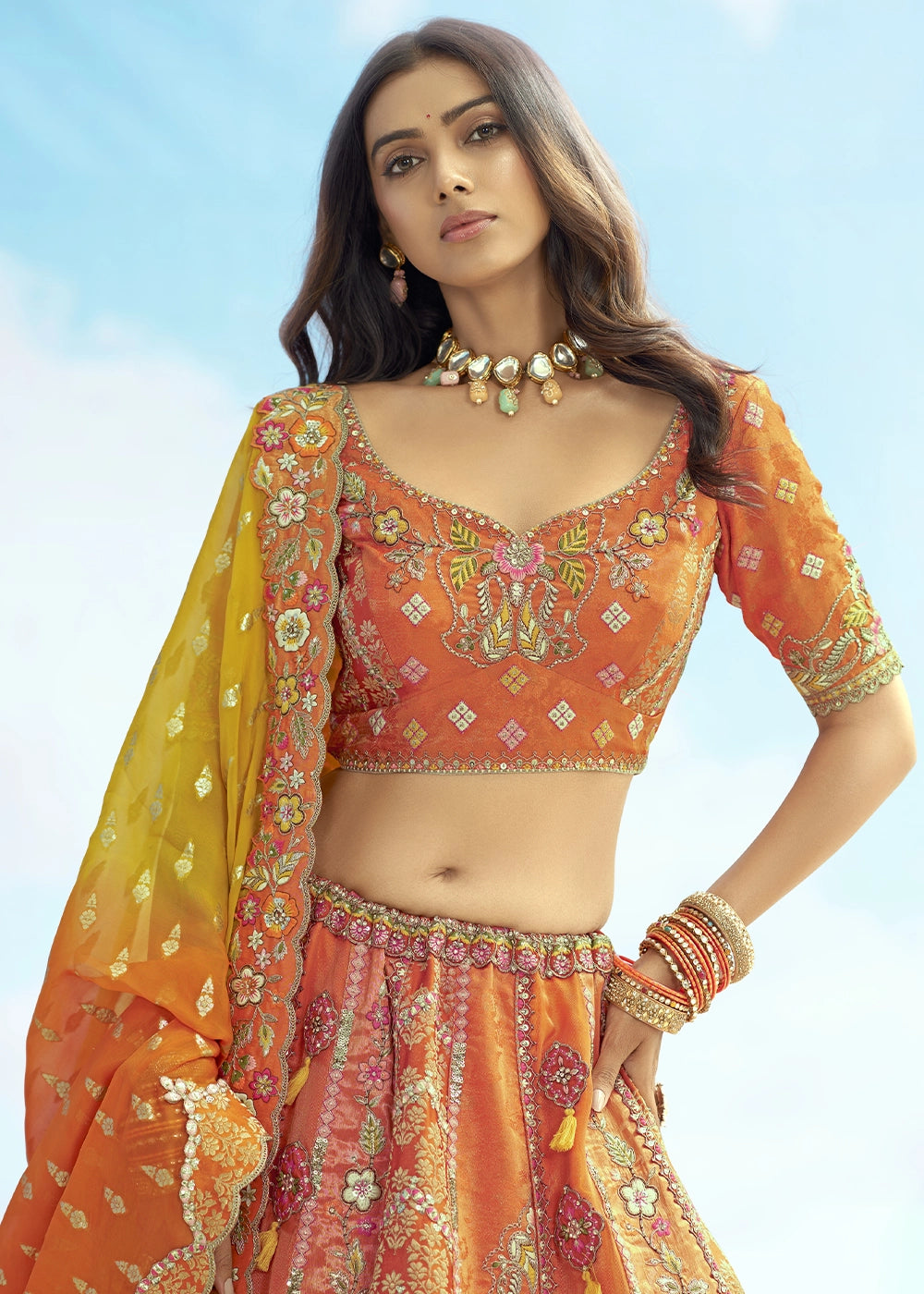 Fire Orange Banarasi Silk Lehenga Choli with Intricate Embroidery and Cut Work
