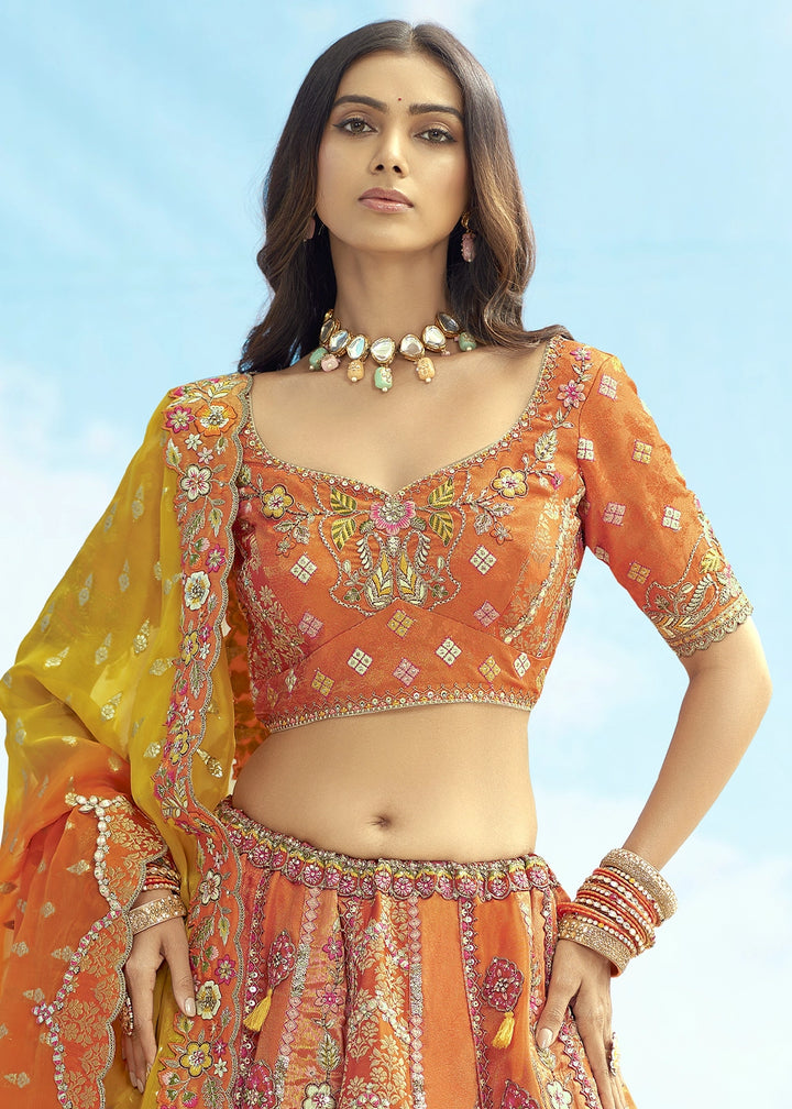 Fire Orange Banarasi Silk Lehenga Choli with Intricate Embroidery and Cut Work