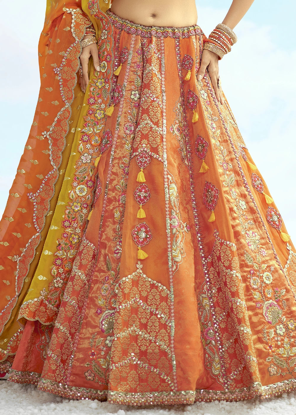 Fire Orange Banarasi Silk Lehenga Choli with Intricate Embroidery and Cut Work