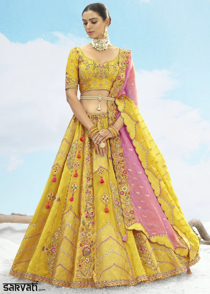 Shades Of Yellow Banarasi Silk Lehenga Choli with Intricate Embroidery and Cut Work