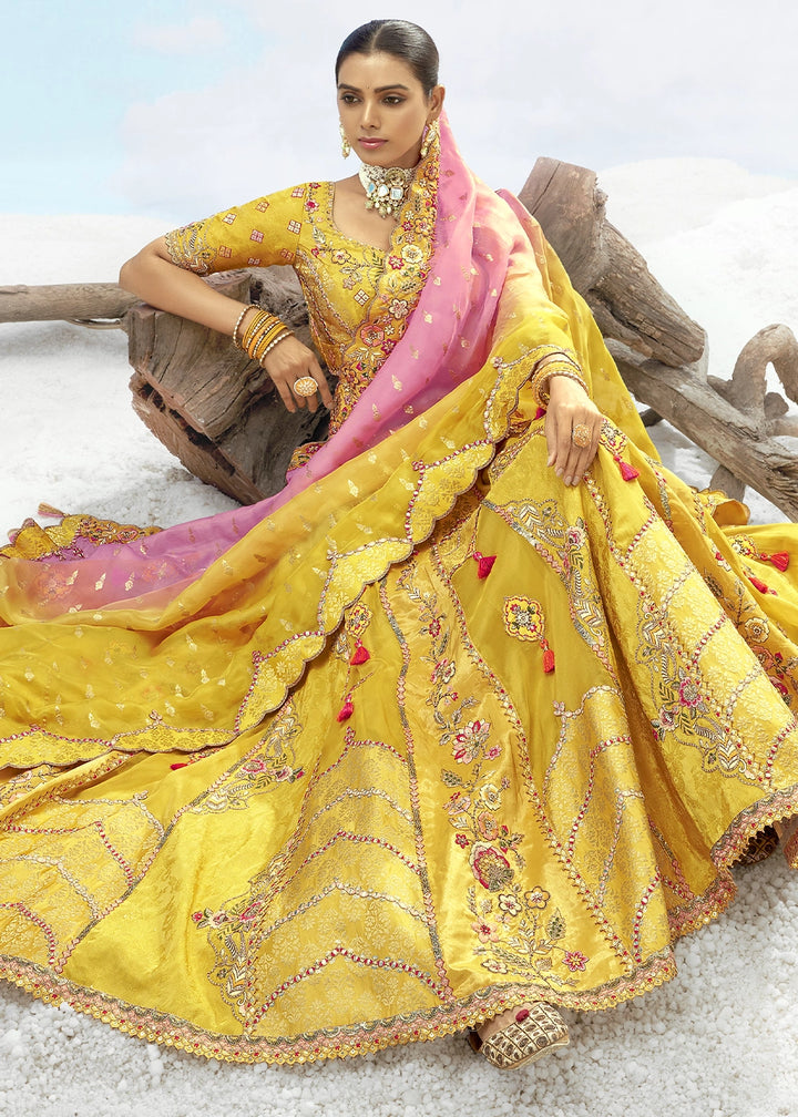 Shades Of Yellow Banarasi Silk Lehenga Choli with Intricate Embroidery and Cut Work