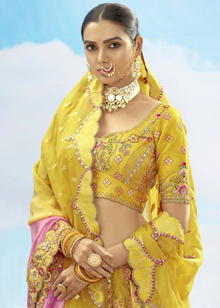 Shades Of Yellow Banarasi Silk Lehenga Choli with Intricate Embroidery and Cut Work