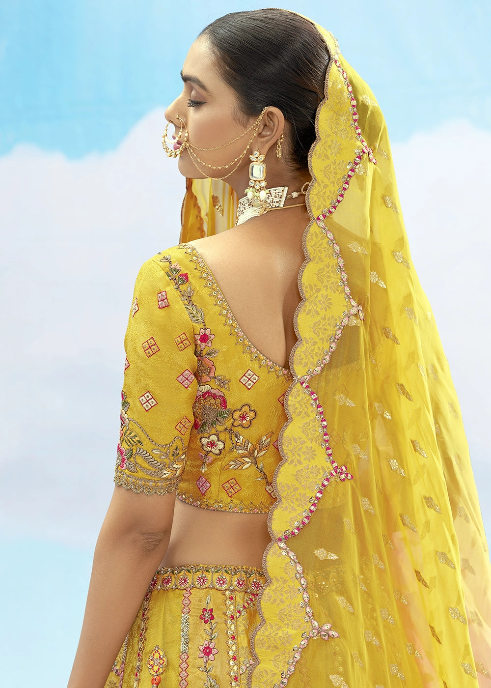 Shades Of Yellow Banarasi Silk Lehenga Choli with Intricate Embroidery and Cut Work