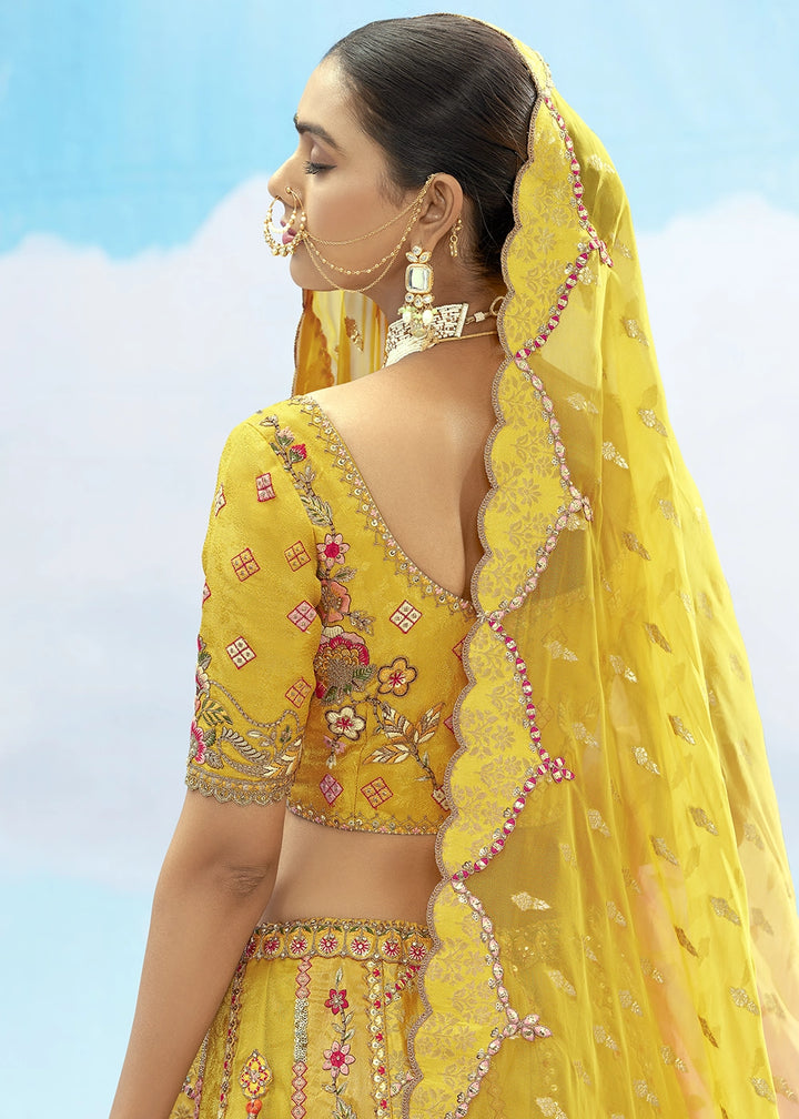 Shades Of Yellow Banarasi Silk Lehenga Choli with Intricate Embroidery and Cut Work