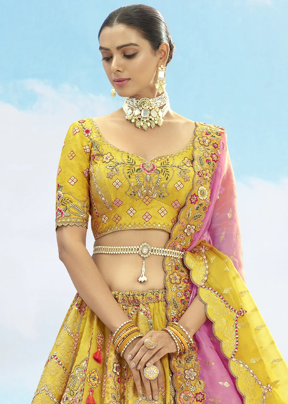 Shades Of Yellow Banarasi Silk Lehenga Choli with Intricate Embroidery and Cut Work
