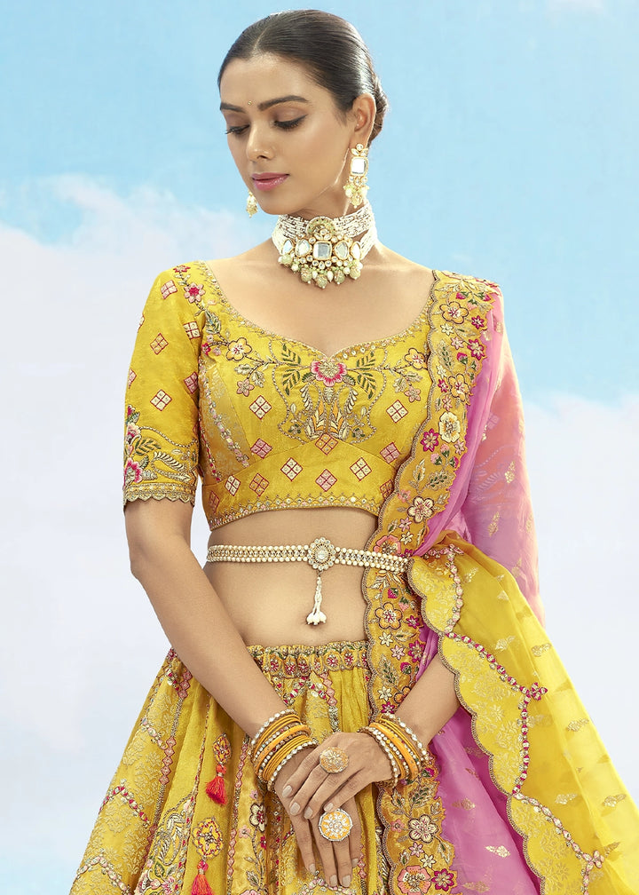 Shades Of Yellow Banarasi Silk Lehenga Choli with Intricate Embroidery and Cut Work